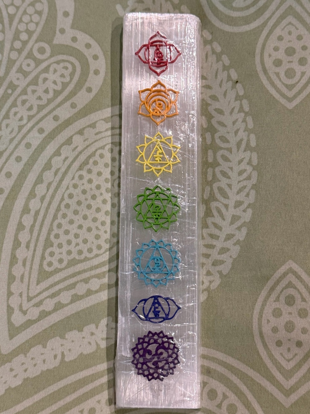 Chakra Selenite Charging Plate with Multicolor Chakra Symbols